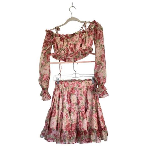 ALAMOUR Shailee Flare Skirt Set Rose Floral Pink Size Medium Romantic Girly - Picture 3 of 14